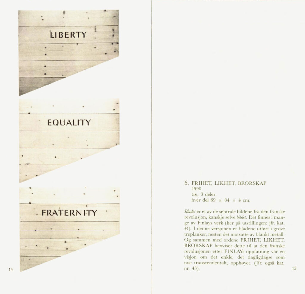 Utstillingskatalog, Ian Hamilton Finlay, Lillehammer bys malerisamling 1991, s. 14–15.
