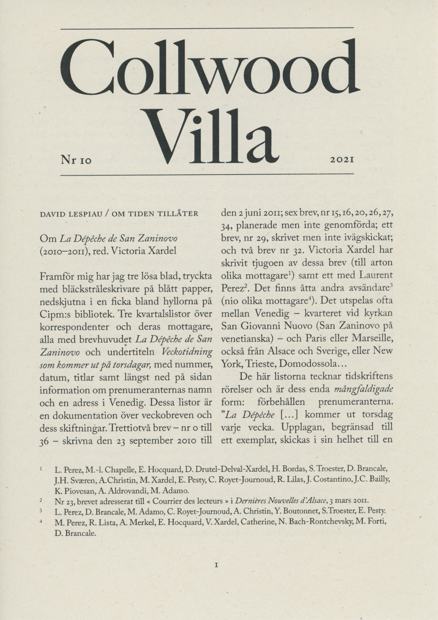 Collwood Villa nr. 10 (Stockholm 2021), side 1 av 4 (148 x 210 mm).